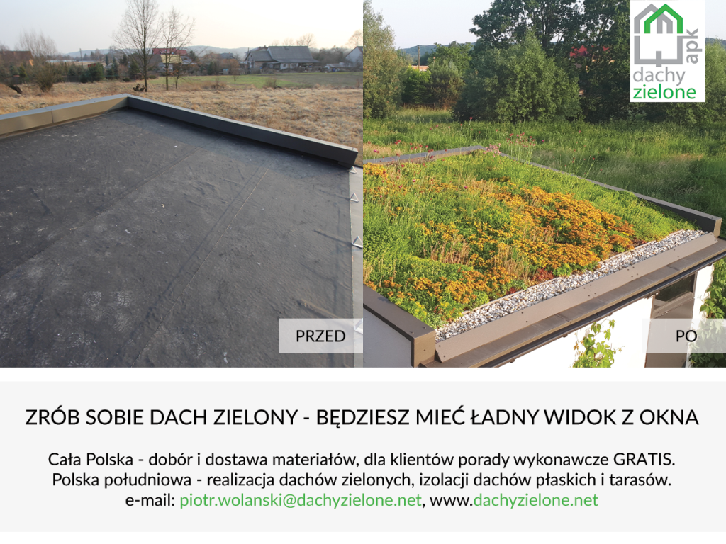 Realizacja zielonego dachu na garażu - hydroizolacja EPDM, warstwa drenażowa i rozchodniki. Widok przed / po.