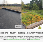 Realizacja zielonego dachu na garażu - hydroizolacja EPDM, warstwa drenażowa i rozchodniki. Widok przed / po.